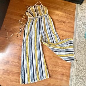 Women’s Medium Blue Yellow White Stripe Jumper Romper Spaghetti Strap